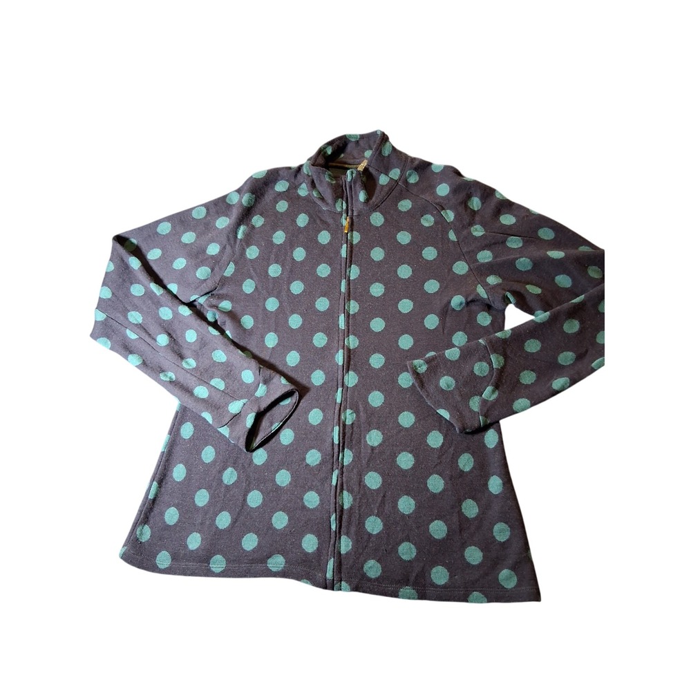 Ibex Merino Wool Full Zip Polka Dot Sweater Jacket Navy Teal Green Women M